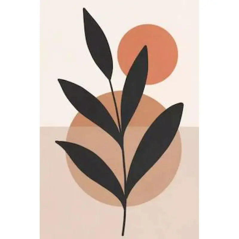 A minimalist illustration of a black leaf branch against an orange circle on a beige background.