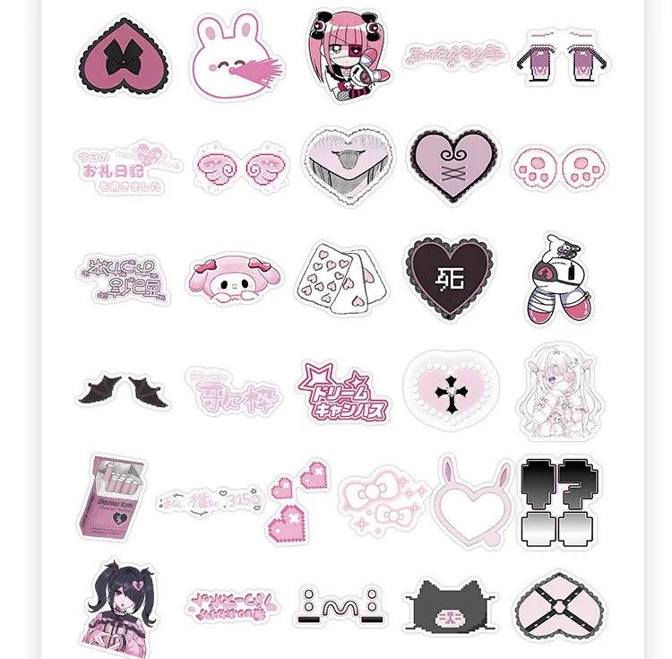 A collection of retro Japanese aesthetic stickers featuring cute characters and designs for laptops, phones, and scrapbooking