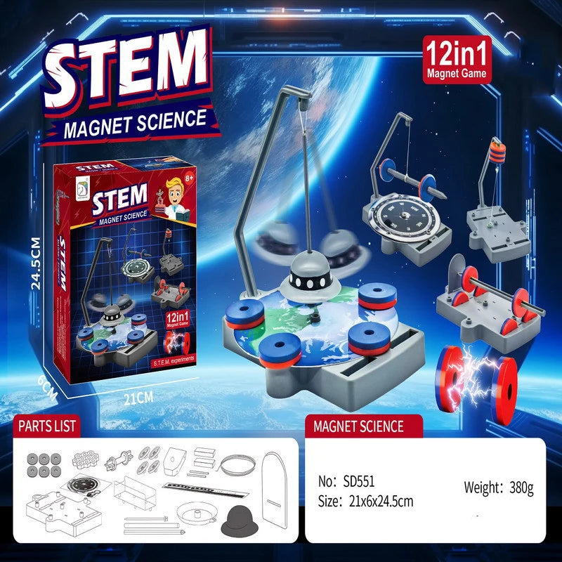 A box and components for a 12-in-1 Magnet Game set demonstrating magnetic levitation science.