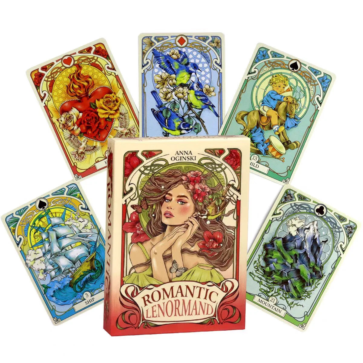 A collection of nine tarot-style oracle cards featuring various imagery and colors.