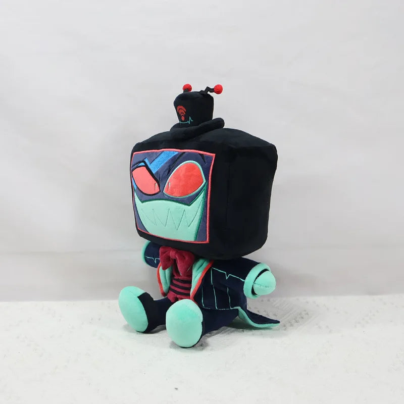 A black plush doll of Vox from Hazbin Hotel featuring bright blue and red facial details.