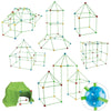 A set of green and clear plastic building blocks forming various geometric shapes including a tent, play house, and sphere.