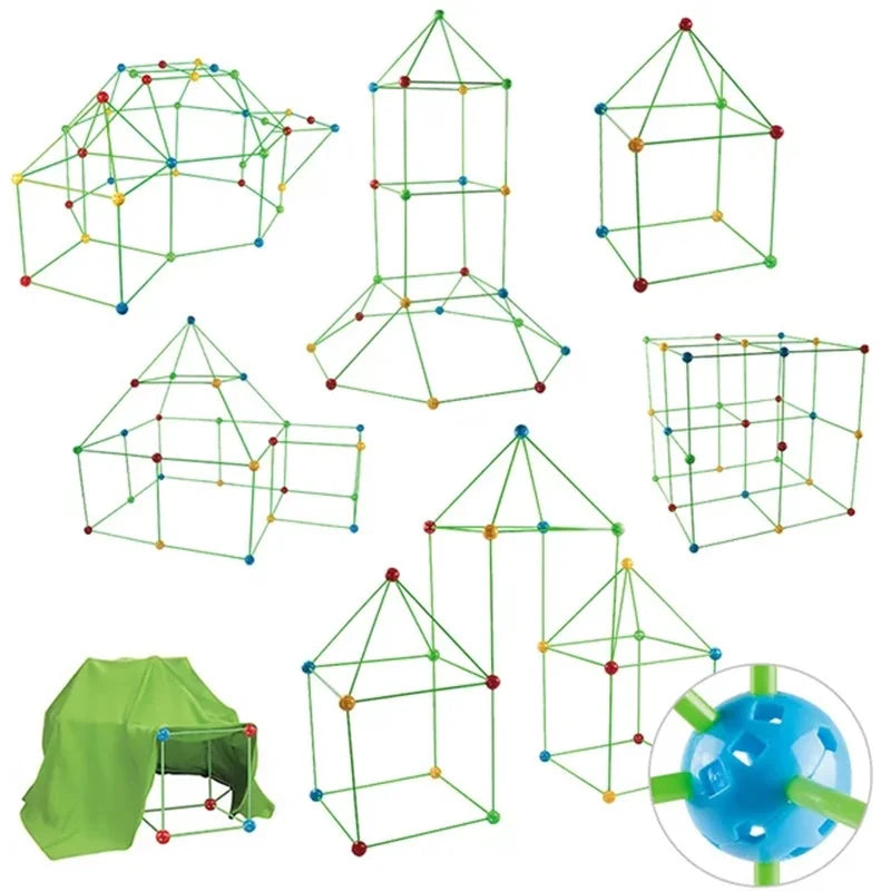 A set of green and clear plastic building blocks forming various geometric shapes including a tent, play house, and sphere.