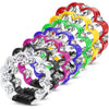 A set of petal-shaped hand-cranked tambourines in various colors stacked together.