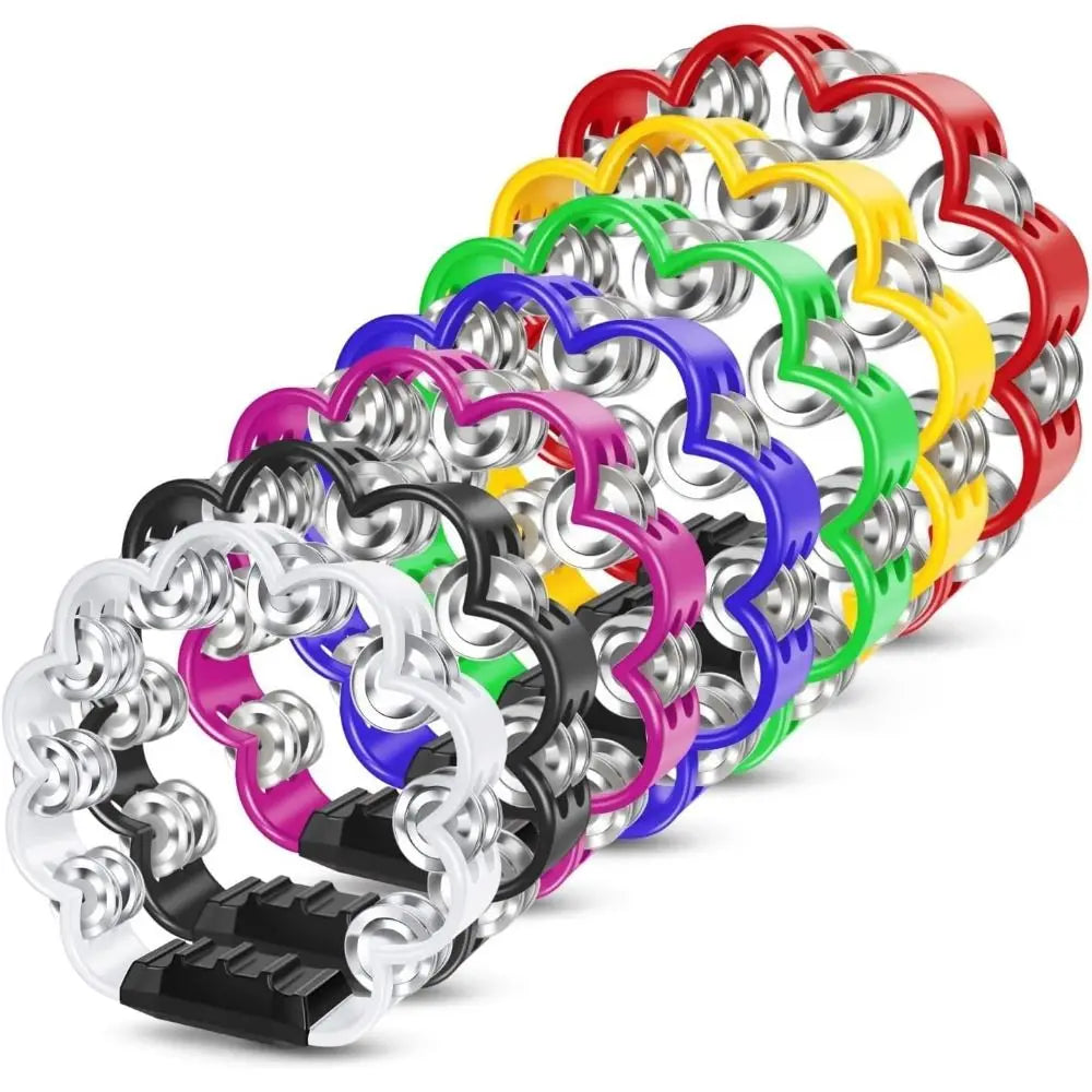 A set of petal-shaped hand-cranked tambourines in various colors stacked together.
