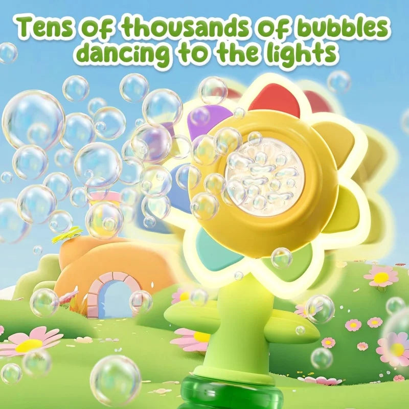 A yellow sunflower bubble blaster with LED lights is shown surrounded by dancing bubbles in a bright outdoor setting.