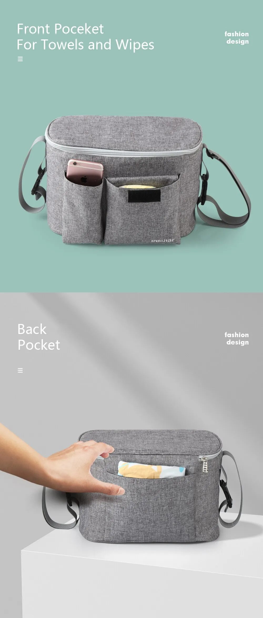 A gray front pocket for towels and wipes, featuring a small slot and a side strap.