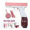 A pink water gun is shown with accessories and components for a rechargeable electric water blaster.