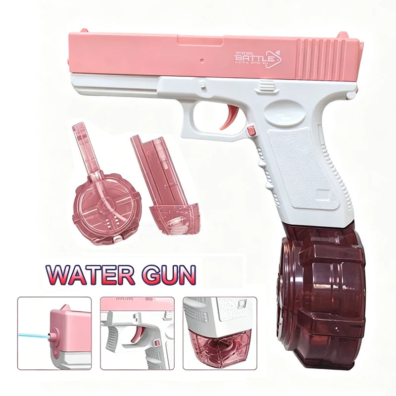 A pink water gun is shown with accessories and components for a rechargeable electric water blaster.