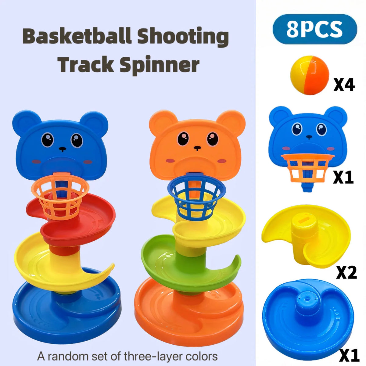 A set of eight basketball shooting track spinners in various colors and sizes.
