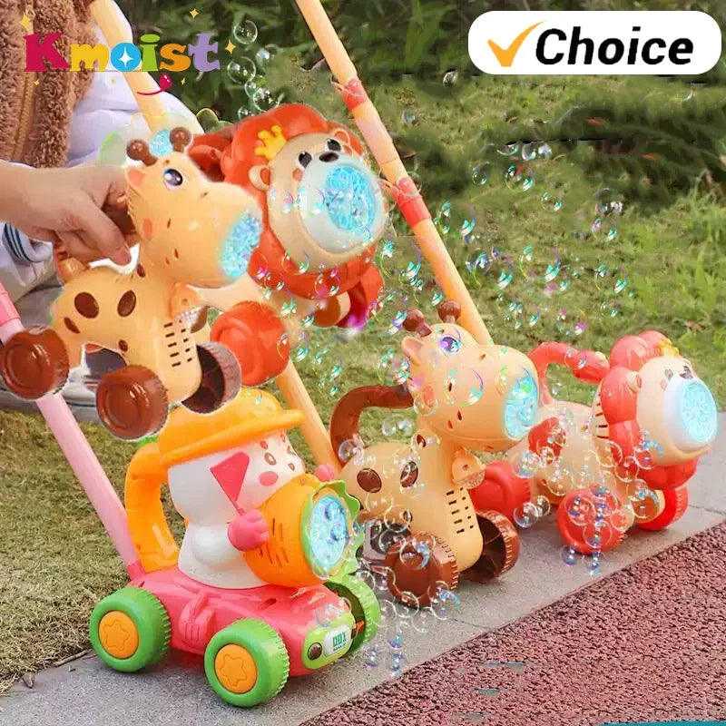 A bright orange and yellow kids bubble machine with giraffe figures and lights is shown outdoors.