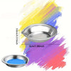 A stainless steel artist paint palette set showing a silver dish and vibrant paint strokes in yellow, blue, and pink.