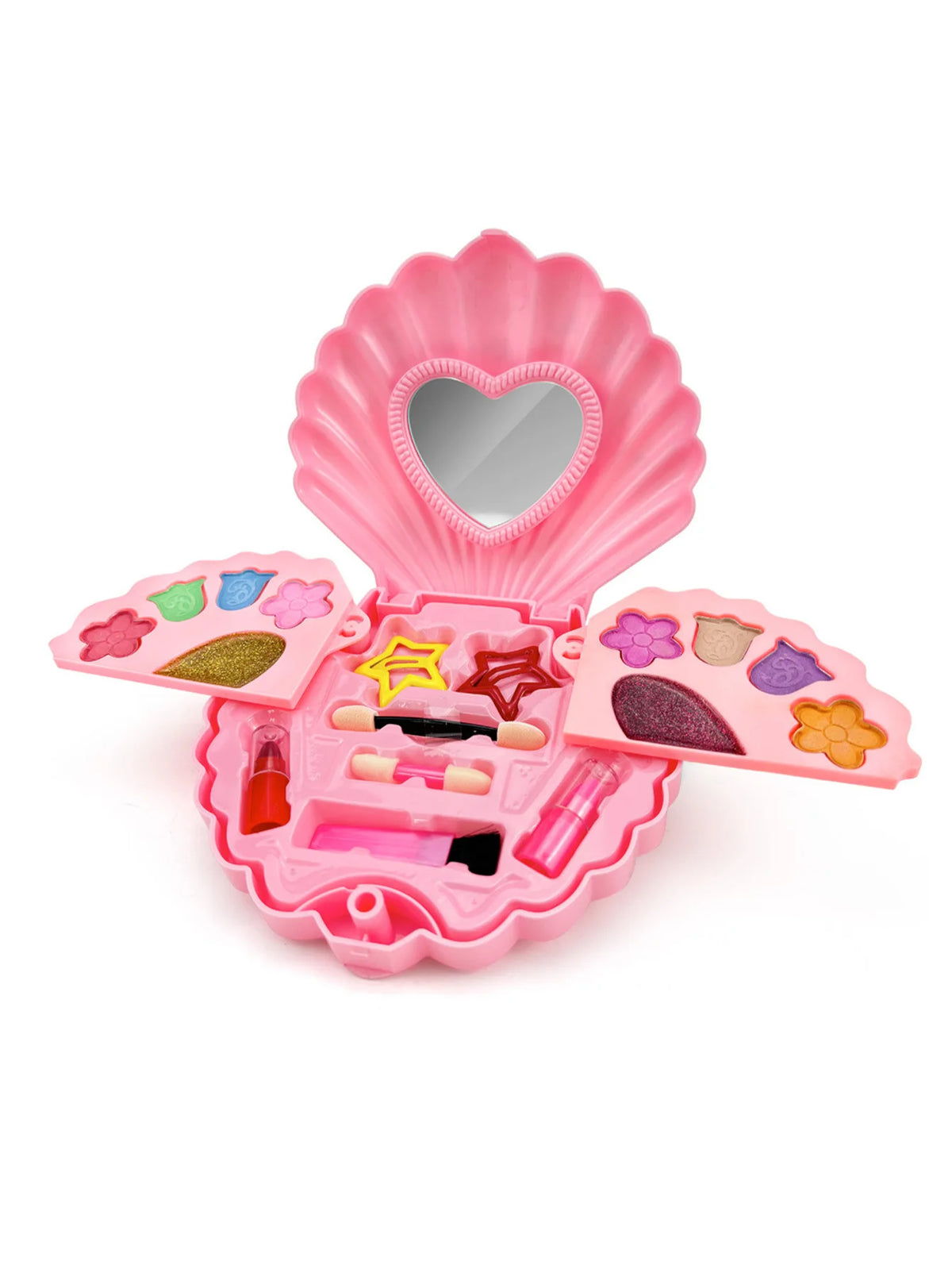 A pink makeup toy set in a shell-shaped case with various colored cosmetic items inside.