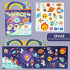 A colorful portable bubble sticker book featuring space-themed stickers and a purple storage case.