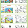A page from a cartoon animal coloring book featuring various animals like a lion, rooster, rabbit, and elephant.