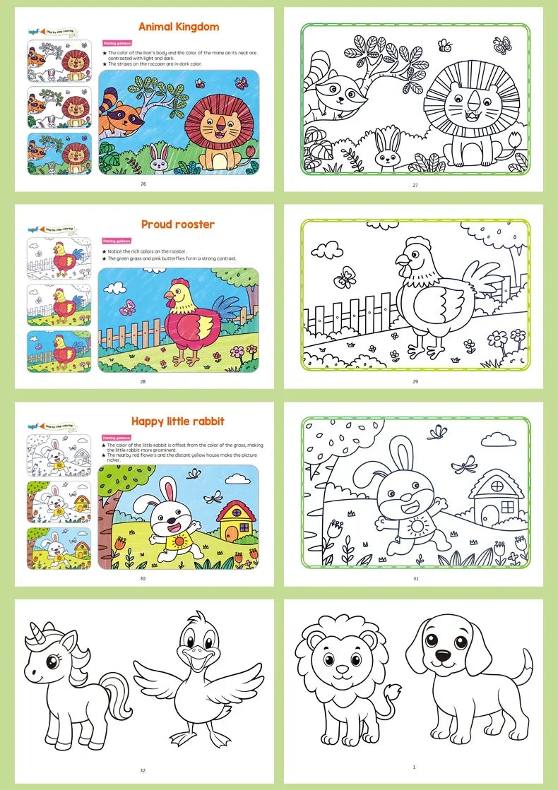 A page from a cartoon animal coloring book featuring various animals like a lion, rooster, rabbit, and elephant.