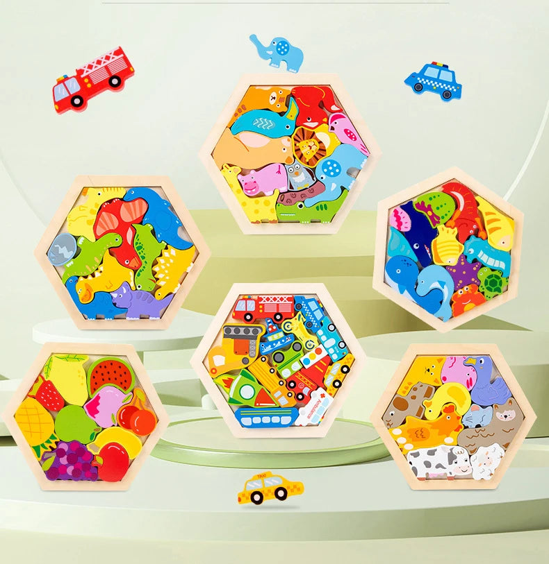 A collection of colorful wooden 3D jigsaw puzzles for kids, featuring various shapes and animals.