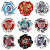A collection of twelve metal spinning tops in various colors and designs.