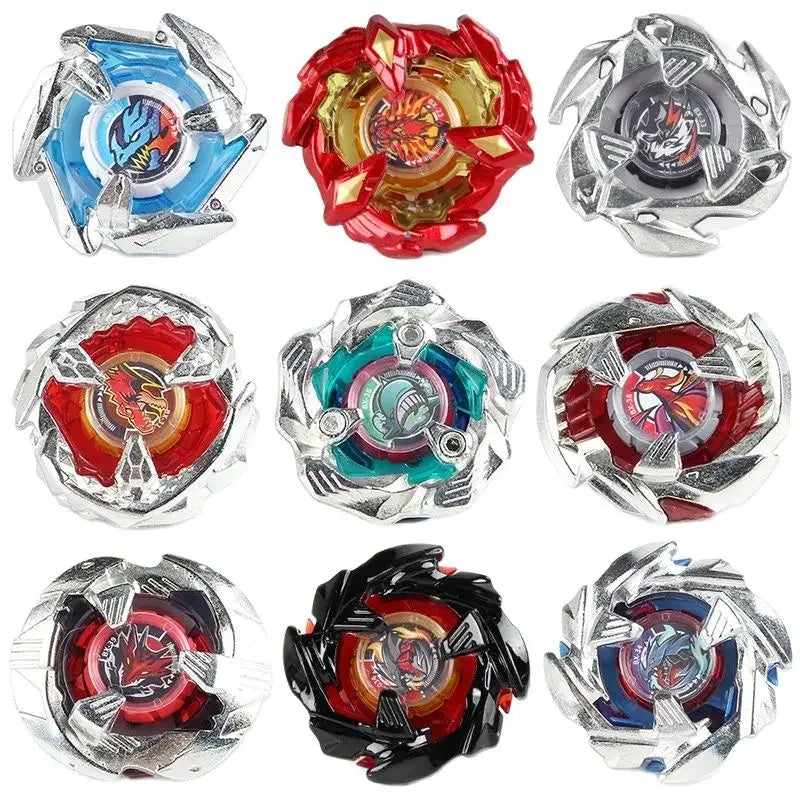 A collection of twelve metal spinning tops in various colors and designs.