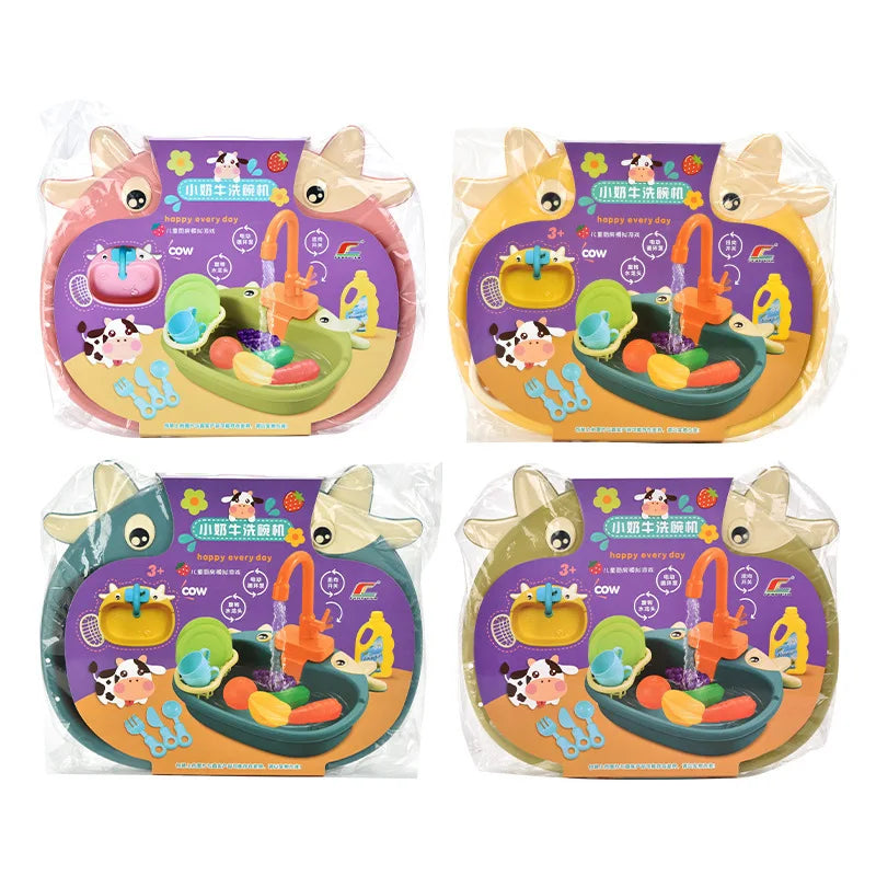 A set of kids electric play dishwasher toys featuring a realistic water cycle for children.