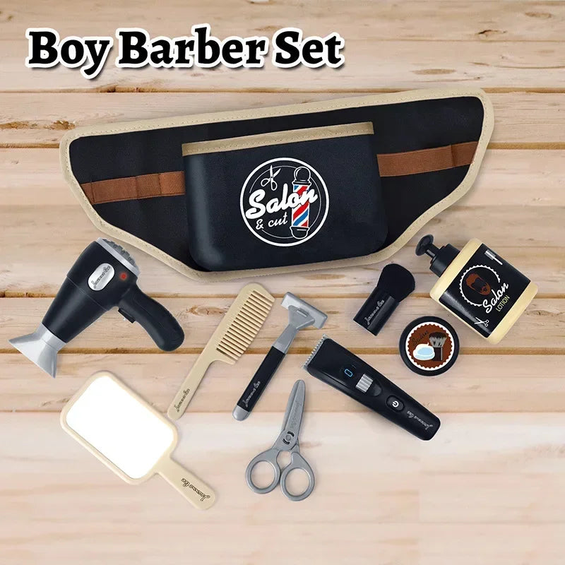 A Boy Barber Set with various grooming tools including clippers, scissors, and combs displayed on a dark leather case.