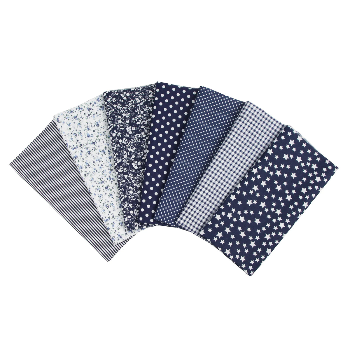 A pack of seven patterned cotton fabric squares for quilting and patchwork featuring various stripes, dots, and star designs.