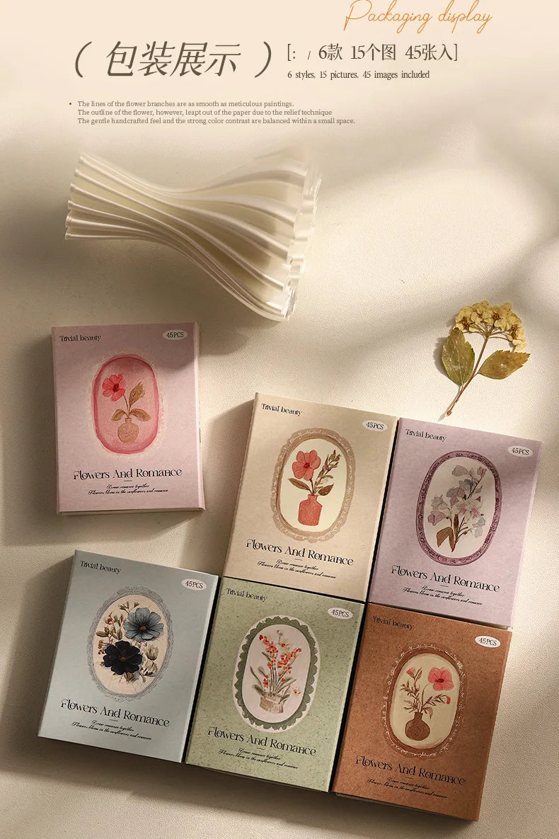 A display of Vintage Floral Stickers, showing various pink and brown floral designs on cardstock.