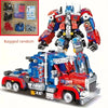 A large, detailed toy robot model in red and blue is shown next to bagged random parts.