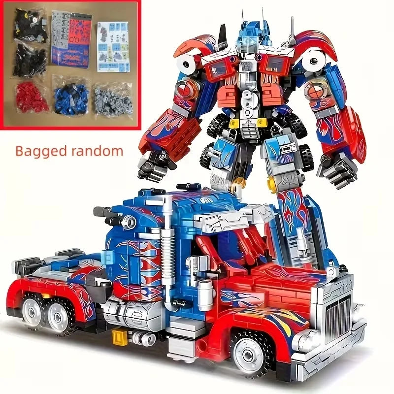 A large, detailed toy robot model in red and blue is shown next to bagged random parts.