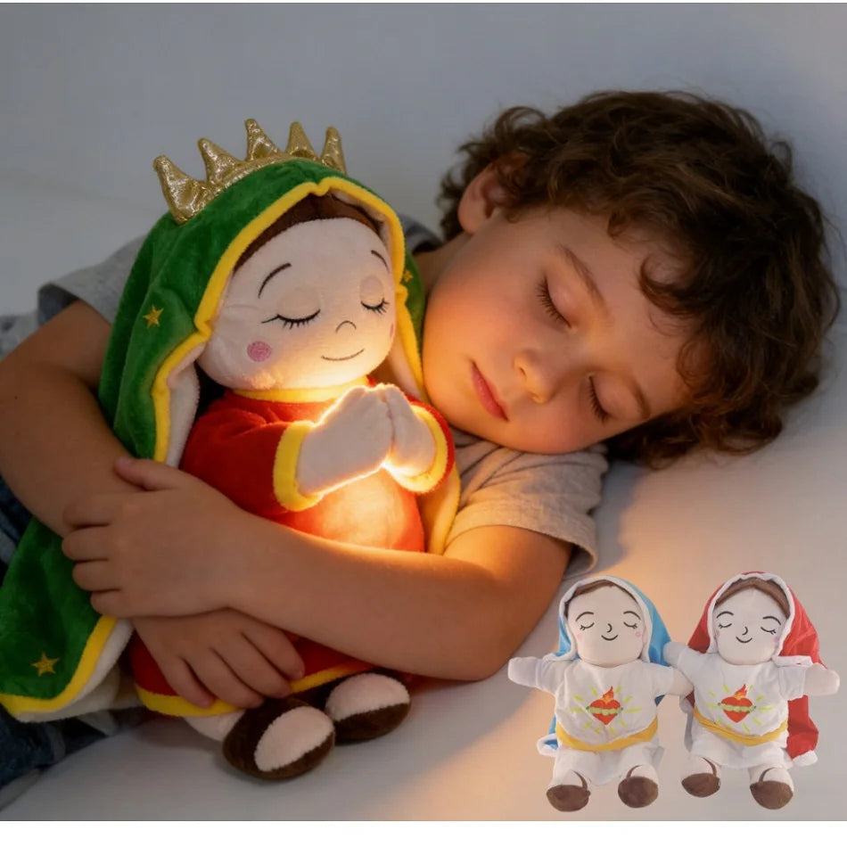 A child is gently holding a plush toy resembling a baby with a crown and warm light.