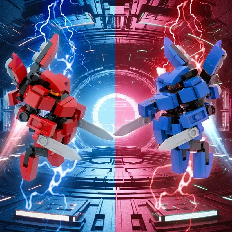 Two combat robot exoskeletons, one red and one blue, stand facing each other with electrical effects.