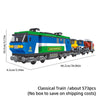 A classic blue and green locomotive train model built from building blocks.