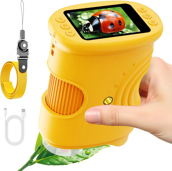 A yellow portable digital microscope for kids is shown holding a green leaf.