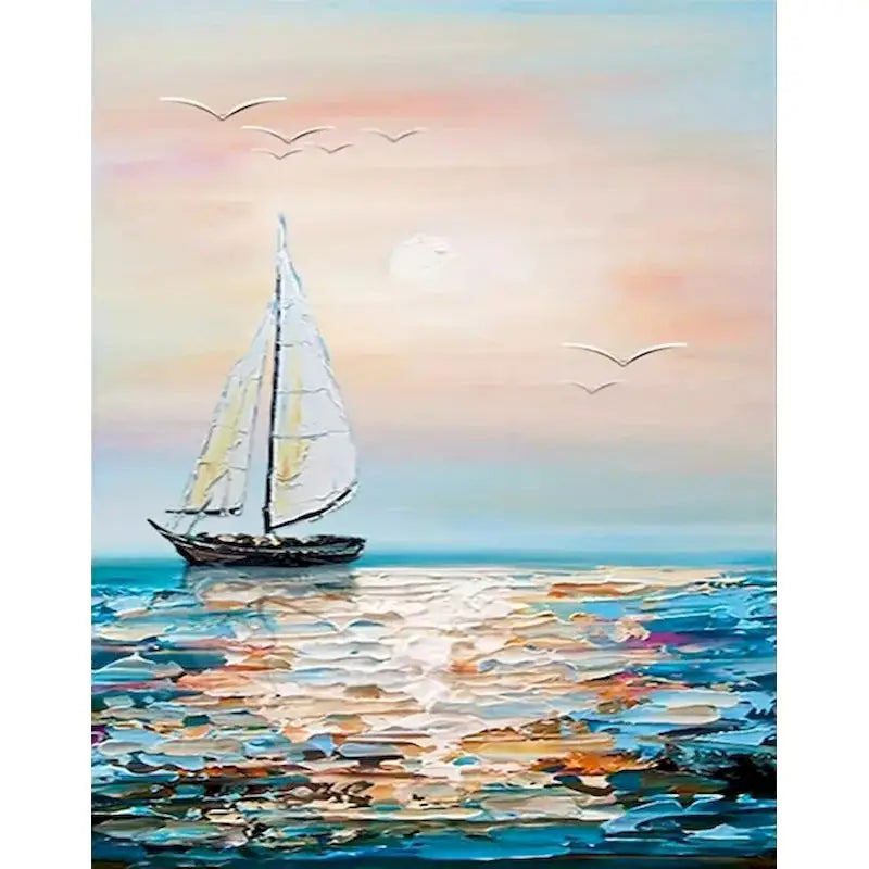 A painting of a sailboat on the water with birds flying against a soft pink and blue sunset sky.