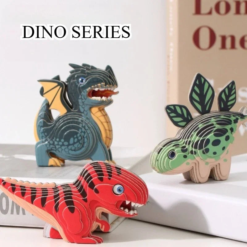 A set of dinosaur and ocean safari 3D paper animal puzzles for kids featuring various dinosaurs.