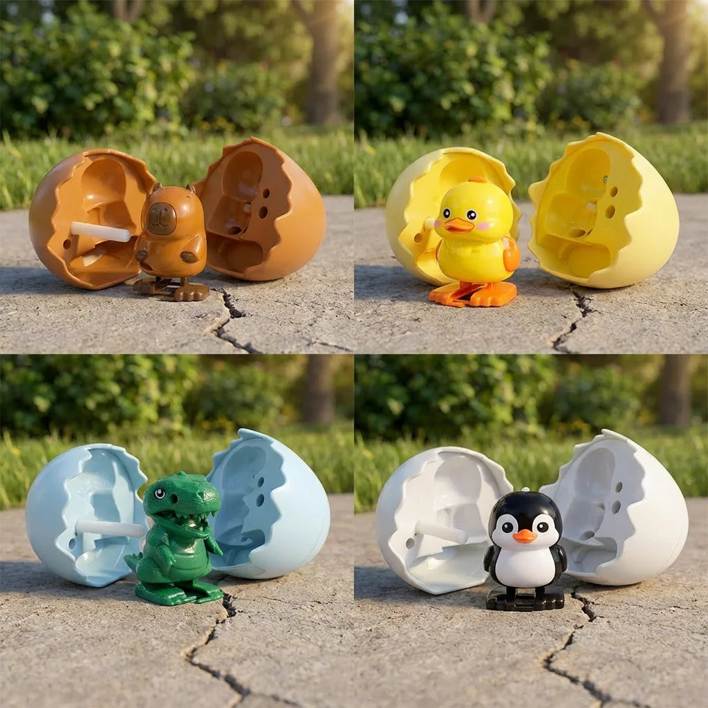 Three wind-up bouncing chick toys in various colors and stages of opening on a stone surface.