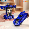 A blue transformable robot sports car toy is shown next to a hand, with the vehicle in its car form.