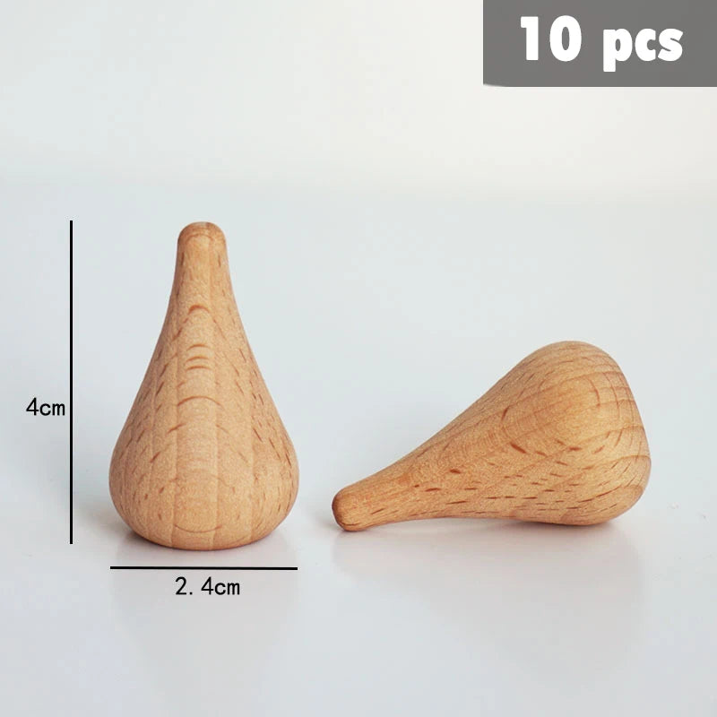Ten natural wooden rainbow building blocks shown in a side view with dimensions 4cm by 2.4cm