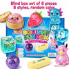 A blind box set of 8 squishy toys including a strawberry, ice cube, and purple ball.