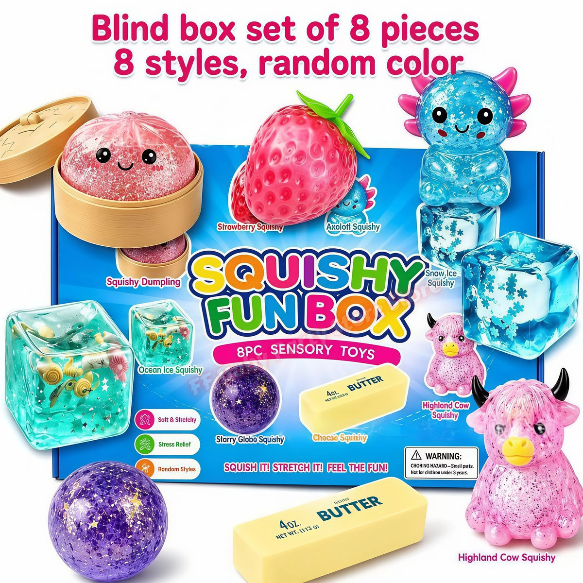 A blind box set of 8 squishy toys including a strawberry, ice cube, and purple ball.