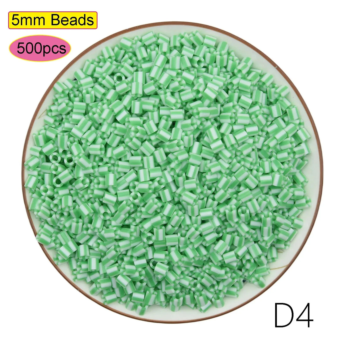 A pile of 5mm green beads, labeled as D4 size, for crafting and pixel art projects.