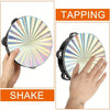 Hands demonstrate tapping and shaking a silver double row radiant tambourine percussion instrument.