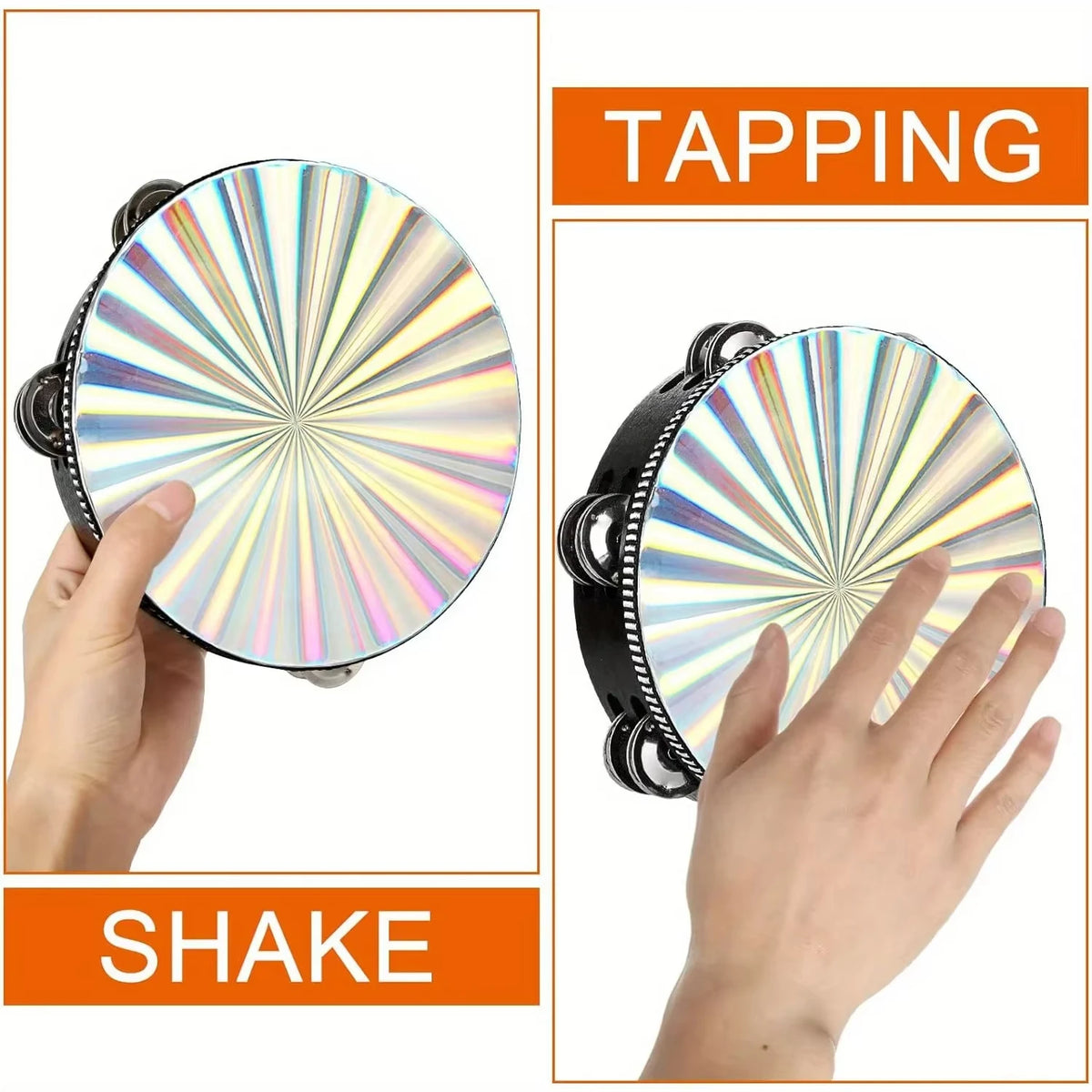 Hands demonstrate tapping and shaking a silver double row radiant tambourine percussion instrument.