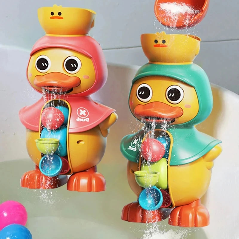 Jouet de bain en forme de canard jaune avec un corps rose et des accents verts versant de la poudre dans une baignoire blanch