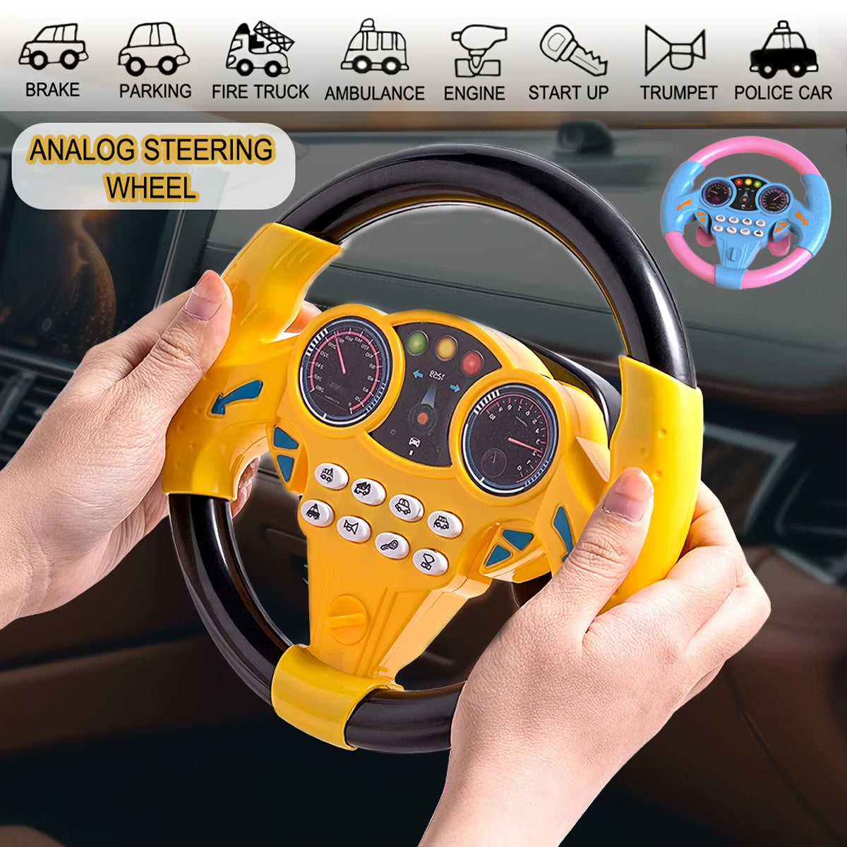 A hand is gripping a yellow analog steering wheel toy for kids, showing various controls and gauges.