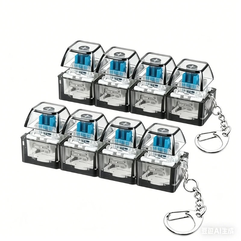 A set of LED fidget keychains with nine tactile buttons and silver chains.