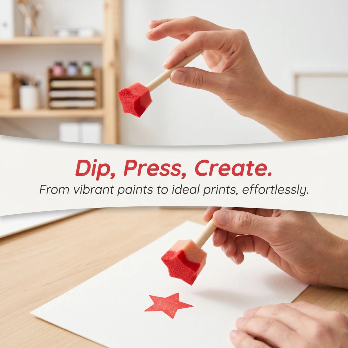 Hands are using a red sponge stamp to create a star print on white paper.