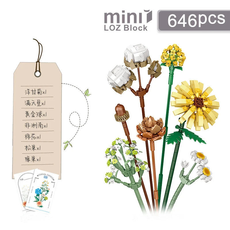A set of 646 pieces of LOZ Block building blocks used to create a floral bouquet display.