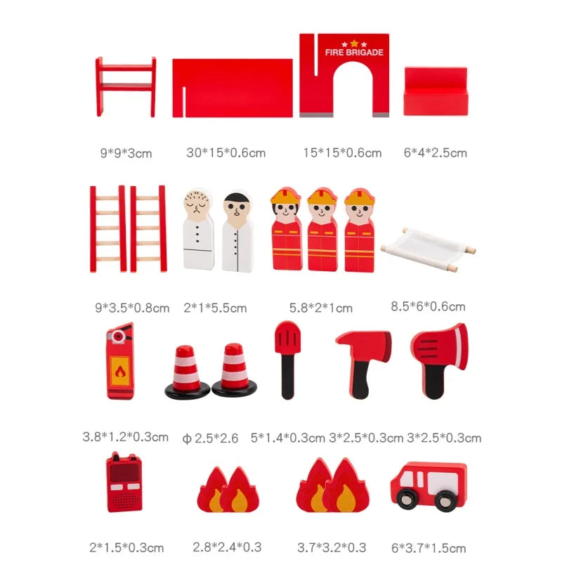 A set of red wooden building tools and construction toys for children including ramps, blocks, and various sized pieces.