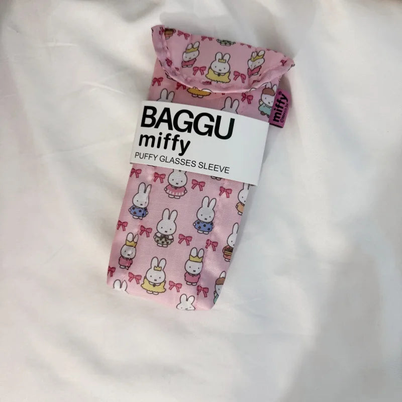 A pink storage bag for Miffy magnetic glasses sleeve with a white label.
